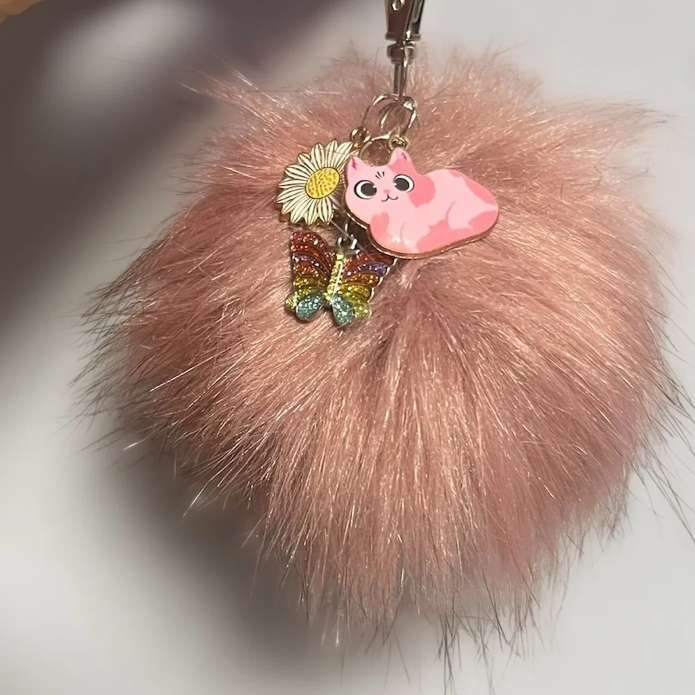 New Pom Pom puff key chain / purse charm. Pink kitty cat,  sunflower & butterfly